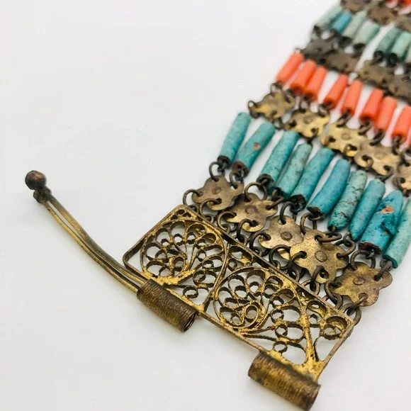Rare Vintage Egyptian Revival Faience brass filigree bracelet - Picture 14 of 16